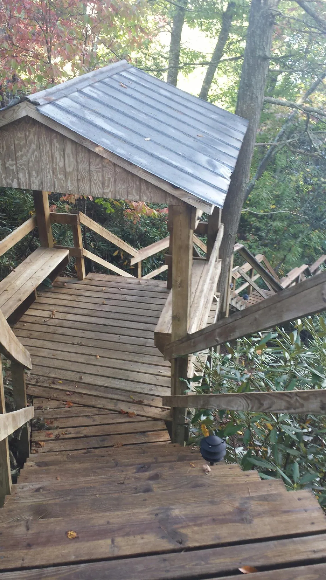 Metal roofed shelter over wooden steps on a wooded walkway — Skylight Repair & Installation work by our crew in Lusby
